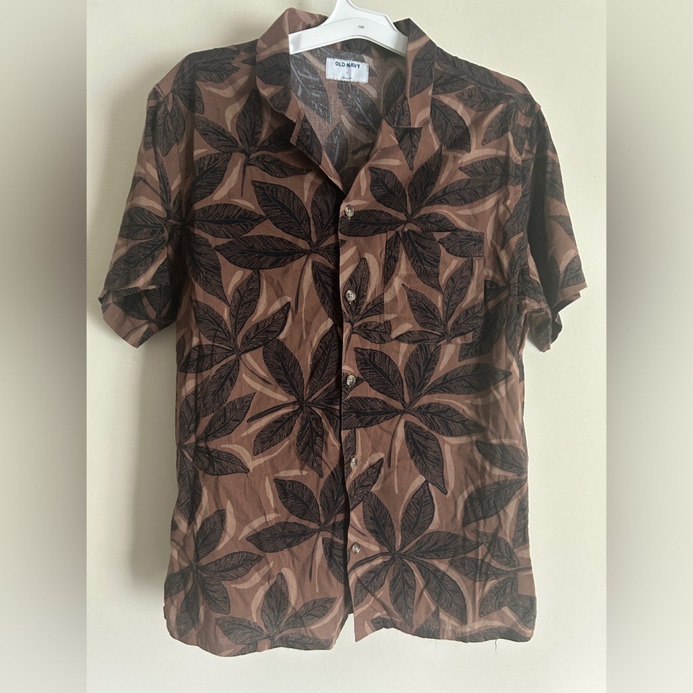Men’s Shirt Short Sleeve Button Up Brown Leaf Print Large
